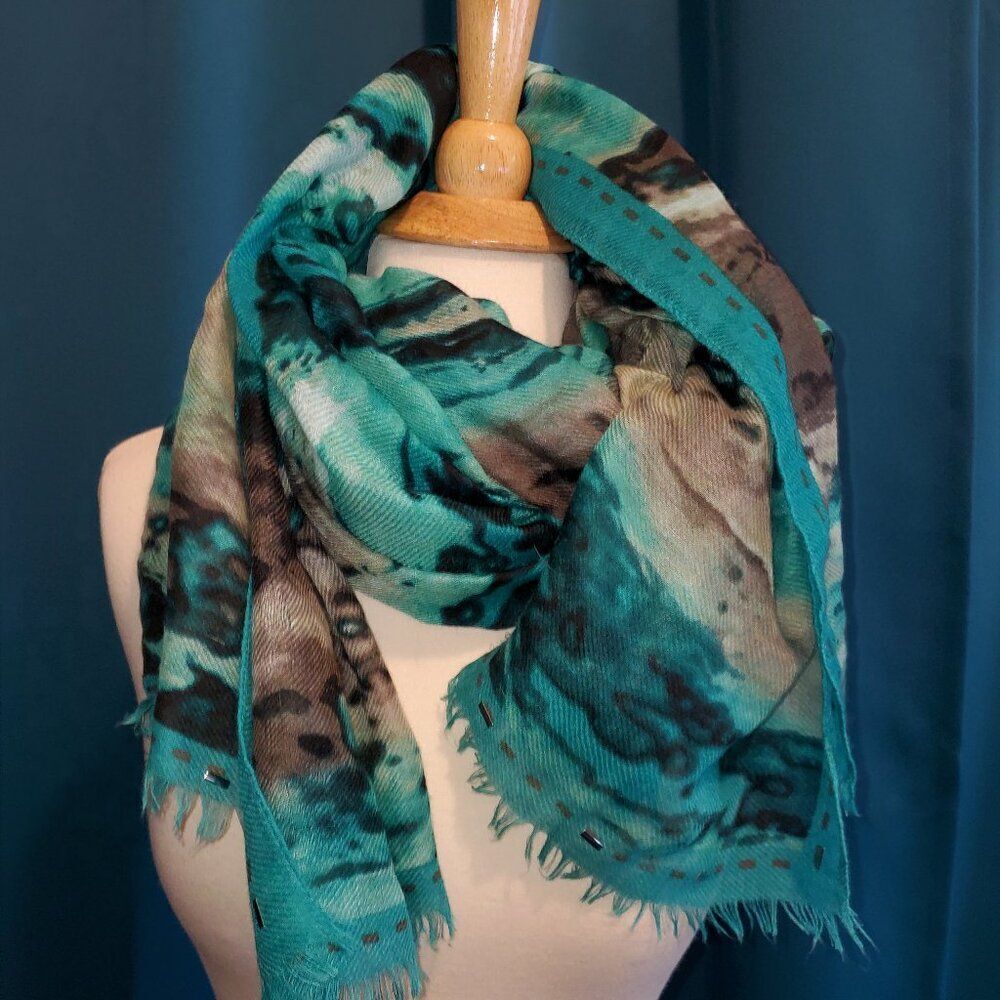 Western Sheer Teal/Brown scarf w/silver metal detail on ends!  80'x33'